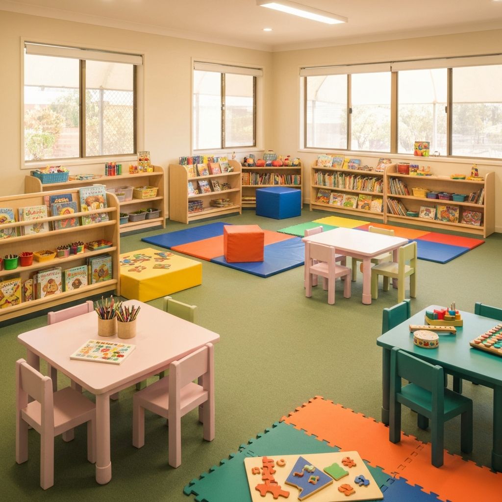 Colourful, welcoming childcare room at Ashfield Little Bunnies Day Care Centre with educational toys and books